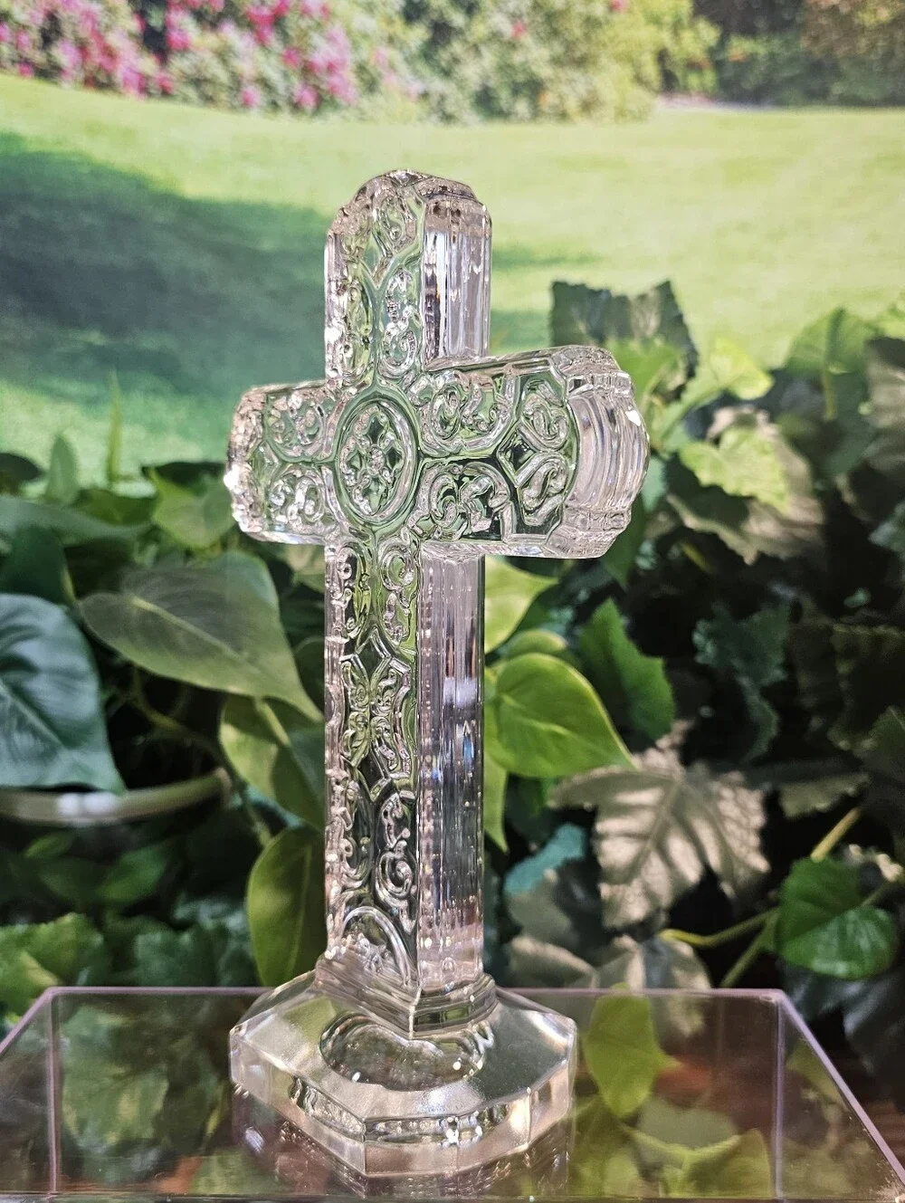 Clear Glass Filigree Cross Figurine Freestanding Religious Decor 8